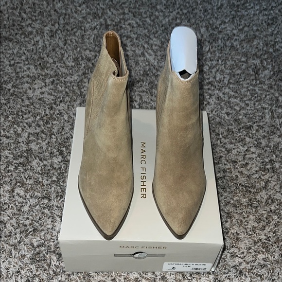 Marc Fisher Tan Suede Ankle Booties with Stacked Heel - Picture 4 of 6